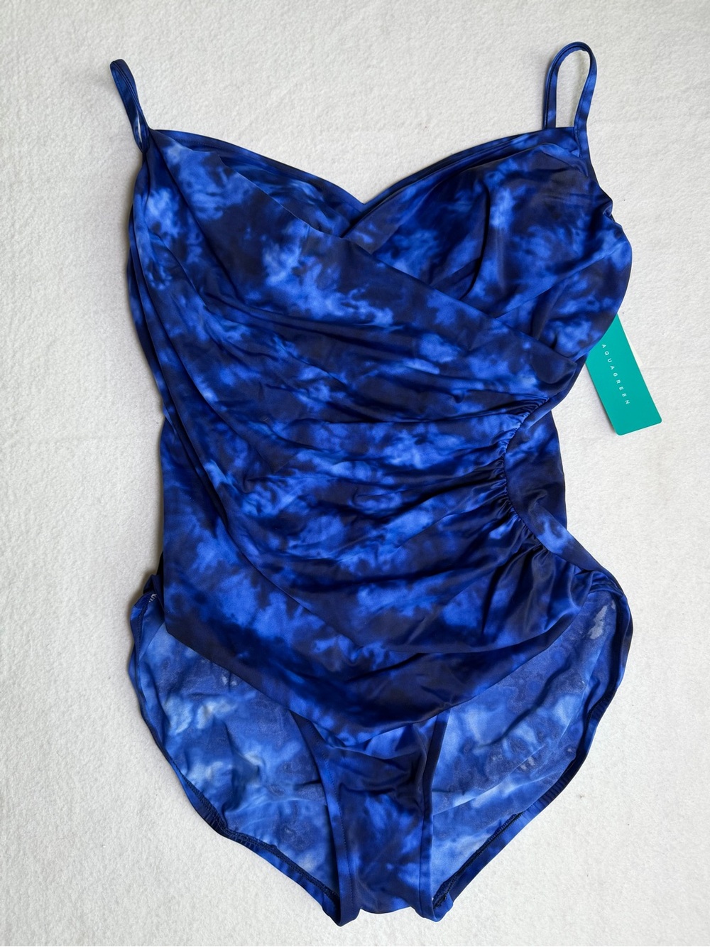 Aqua Green Royal Blue Tie-Dye Ruched One-Piece Swimsuit